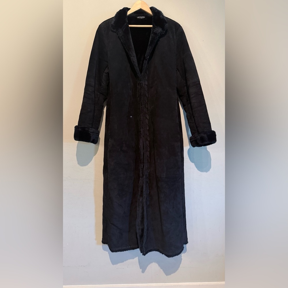 Vintage Marvin Richards Black Suede Leather Penny Lane Long Coat Women L EUC